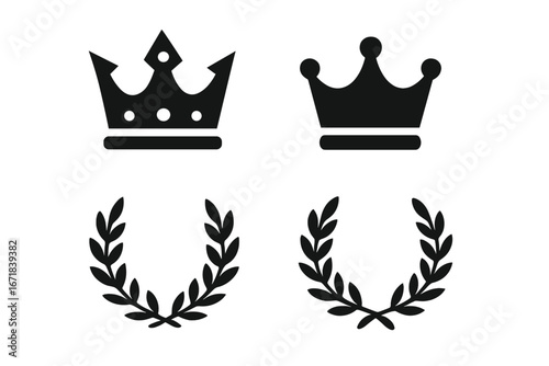 Crown and laurel wreath vector icon set. Royalty, leadership, and victory symbols. King, queen, and champion success award signs. Black silhouette heraldic elements collection.