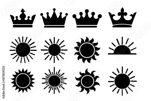 Crown and sun icon set. Silhouette collection of royalty and celestial symbols. Vector illustration for logos and emblems. King, queen, power, sunshine, summer, weather signs.