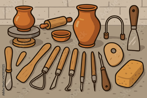 Artisan pottery tools set for ceramic craft and clay sculpting. Handmade hobby concept. Workshop equipment with potter's wheel, vase and modeling instruments. Vector illustration.