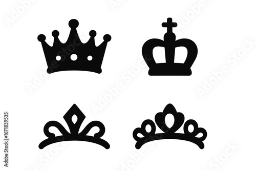 Vector crown and tiara silhouette icon set. Black glyphs for royalty, king, queen, and princess concepts. Majestic royal jewelry symbol collection for logo design and heraldry.