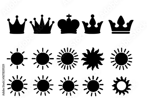 Crown and sun icon set. Black silhouette collection of royal and celestial symbols. King, queen, and monarch icons. Solar, summer, and sunshine weather elements. Vector graphic design.