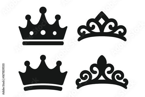 Crown and tiara solid icon set. Royal king, queen, prince, and princess headwear symbols. Monarchy and royalty concept vector illustrations. Heraldic logo element collection.