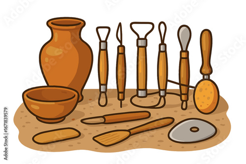 Pottery tools set for ceramics and sculpting. Artisan craft equipment for workshop. Clay modeling hobby concept. Handmade earthenware production vector cartoon illustration.