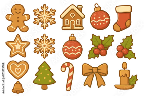 Big set of Christmas winter holiday icons. Cute cartoon vector illustrations of gingerbread man, house, snowflake. Festive elements, tree, candy cane, ornament and stocking.