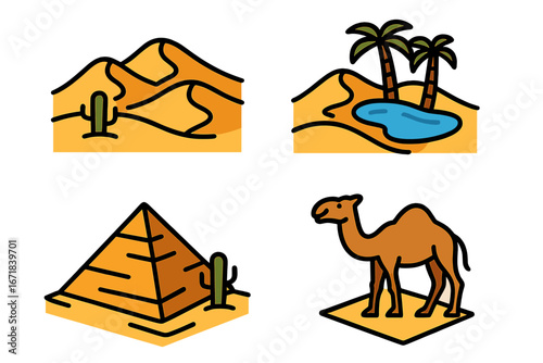 Desert and oasis isometric icon set. Sahara travel concept graphics. Camel, Egyptian pyramid, sand dunes, cactus. Vector cartoon illustration for adventure and tourism theme.