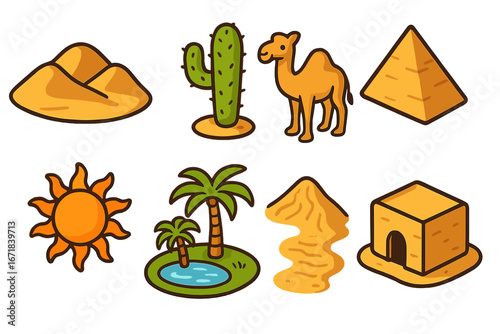Desert and oasis icon set. Isometric Sahara and Egypt travel elements. Cartoon vector graphics with camel, pyramid, cactus, and sun. Adventure clip art collection illustration.