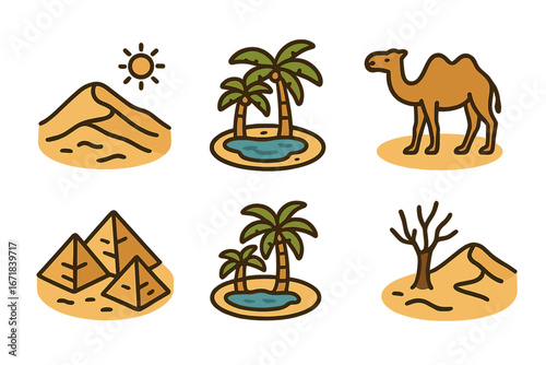 Desert and oasis icon set. Cartoon vector graphics collection with camel, pyramids, palm trees, sand dunes. Sahara travel and nature symbols for design elements. Heat and sun.