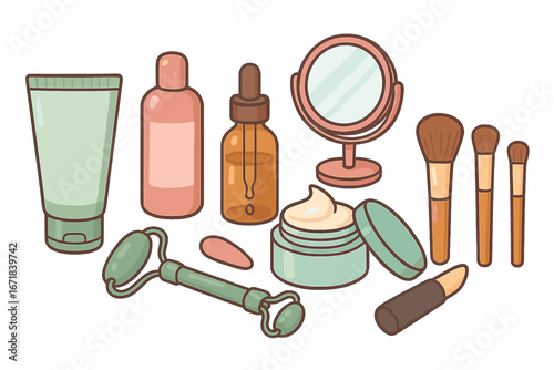 Skincare routine essentials and cosmetics icon set. Vector cartoon illustration of beauty products. Face cream, serum, jade roller, gua sha, makeup brushes, mirror isolated.