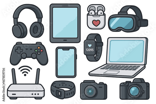 Modern technology gadgets and consumer electronics devices icon set. Vector cartoon illustration of laptop, smartphone, tablet, camera, headphones, vr glasses and gamepad.