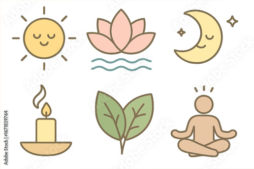Vector icon set of tranquility and relaxation symbols. Nature inspired design for harmony, yoga, and meditation. Calm cartoon elements: sun, moon, lotus, leaf, and candle.