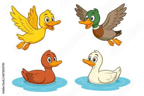 Cute cartoon duck set. Flying mallard and yellow duckling. Swimming white and brown ducks in water. Vector illustration character collection for kids. Farm animal, bird wildlife.