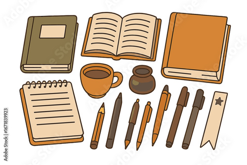 Set of cute stationery for study and work. Collection of writing tools and reading materials. Open book, notebook, pens, pencil, coffee cup, inkwell. Vector cartoon illustration.