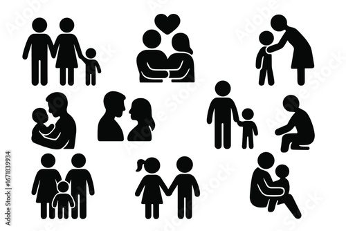 Family life silhouette icon set. Parents and children, mother, father with baby. Man and woman couple in love. People relationship, parenting and care vector pictogram collection.