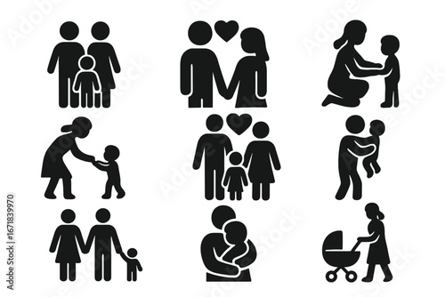 Family parenting silhouette icon set. Parents and children, mother, father and baby pictograms. Love, care, relationship and togetherness concept. Vector people illustration.