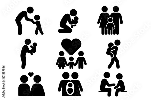 Family and parenting silhouette icon set. Child care, relationship, pregnancy, love themes. Vector pictograms of mother, father, baby. Support and togetherness concept.