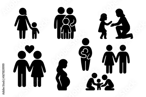 Family and parenting silhouette icon set. Vector symbols of child care, relationship, pregnancy, and love. People pictogram collection for family life and parenthood concepts.