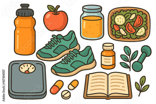 Health and wellness lifestyle icon set. Healthy food, sport, fitness and self care items. Vector cartoon illustration flat lay collection for diet, workout and nutrition.