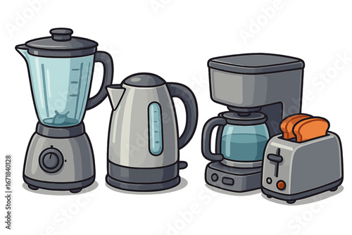 Kitchen appliances vector set. Blender, electric kettle, coffee maker, and toaster icons. Household equipment for cooking and breakfast preparation. Modern cartoon illustration.
