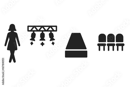 Fashion runway vector icon set. Solid glyph icons of fashion show elements. Catwalk, model walking on podium, stage lighting rig, front row seats for audience. New collection.