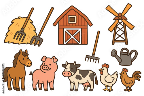 Farm life vector illustration set. Cute cartoon domestic animals collection with horse, pig, cow, chicken. Rural agriculture concept with barn, windmill, and farming tools.
