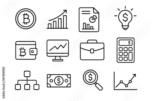 Business and finance line icon set. Vector outline icons for cryptocurrency, bitcoin wallet, financial analytics, investment, money, and data analysis. Infographic elements.