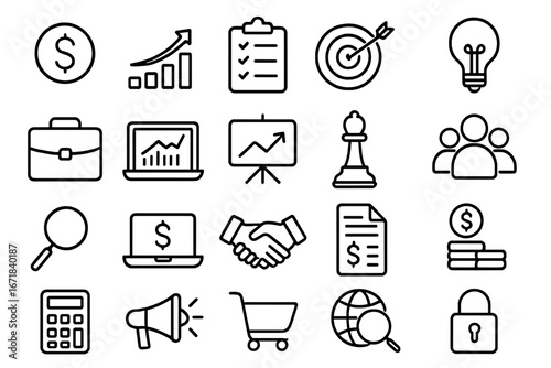Business and finance outline icon set. Vector symbols for concepts like marketing, data analytics, strategy, teamwork, e-commerce and money. Thin line pictogram collection.