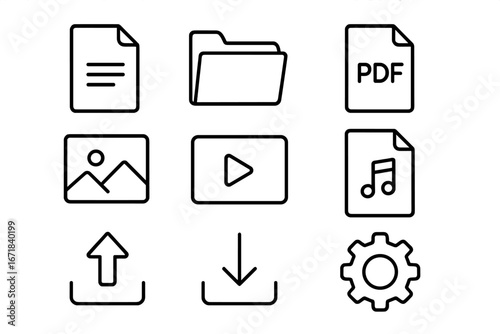 File management line icon set. Document, folder, PDF, and media icons. Includes upload, download, settings gear, photo, video, and music file symbols. Vector pictogram for web or app UI.
