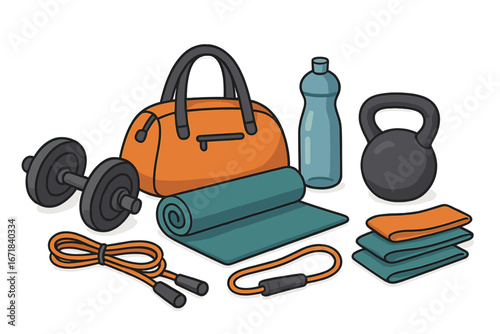 Fitness equipment set for home workout or gym. Vector illustration of a dumbbell, kettlebell, bag, yoga mat, jump rope, water bottle and resistance bands. Healthy lifestyle concept.