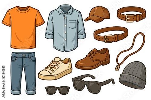 Men's casual clothing and fashion accessories set. Vector cartoon collection with shirt, jeans, shoes, cap, belt, and sunglasses. Stylish everyday man's outfit items isolated.