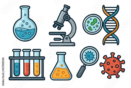 Science lab icon set. Biology, chemistry research symbols. Vector laboratory equipment, microscope, test tube, DNA, virus, bacteria. Medical analysis, biotechnology concept.