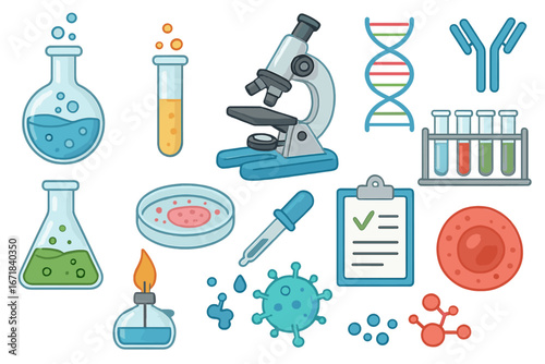 Science lab icon set. Vector cartoon collection of biology and chemistry research symbols. Microscope, DNA, virus, test tube, flask, petri dish, and other lab equipment.