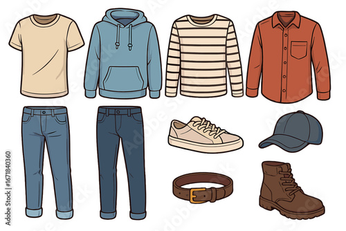 Men's casual clothing and accessories set. Fashion collection with shirt, jeans, hoodie, boots, and sneakers. Basic male wardrobe elements for stylish outfits. Vector cartoon.