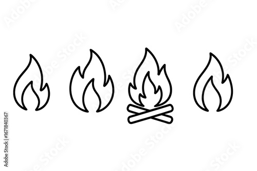 Fire flame icon collection. Bonfire, campfire line icons. Flame signs. Vector cartoon illustration. Hot heat symbol. Burn pictogram set. Outline drawing. Simple design element.