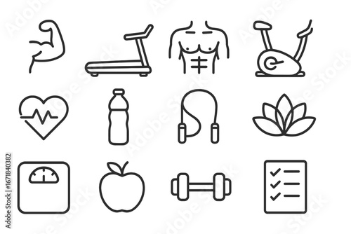 Fitness and wellness outline icon set. Vector symbols for healthy lifestyle, exercise, workout, and diet. Gym, sport, nutrition, and weight loss line pictograms collection.