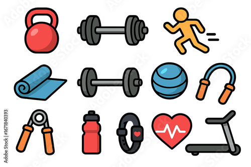 Fitness icons set. Gym workout equipment. Healthy lifestyle symbols. Vector sport collection. Dumbbell, kettlebell, treadmill, running, yoga mat, heart rate, fitness ball.