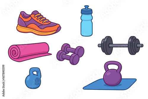 Fitness and gym exercise equipment set. Vector cartoon collection with dumbbell, kettlebell, barbell, yoga mat, sneaker and water bottle. Healthy lifestyle sport workout icons.