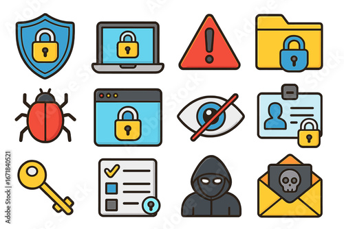 Cybersecurity icon set. Vector collection of internet security and data protection symbols. Hacker, virus, phishing, malware, password, and firewall concepts for web and apps.