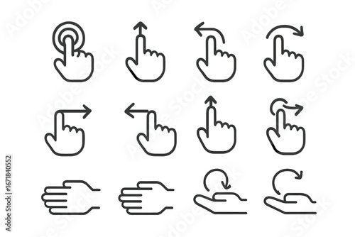 Gesture icon set for user interface design. Hand touch, swipe, tap, scroll, and rotate symbols. Vector line icons for mobile app and touchscreen interaction guide. UI UX kit.