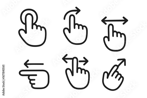 Gesture outline icon set for user interface design. Hand collection for touch screen interaction. Includes swipe, tap, zoom, scroll, and drag symbols. Vector UI/UX elements.
