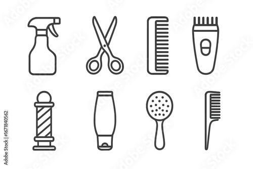 Hairdressing tools and barber equipment outline icon set. Vector collection of salon symbols like scissors, comb, brush, clipper, spray, and barber pole for hairstyling.
