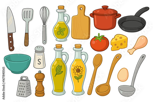 Kitchen tools and food ingredients set for cooking. Vector cartoon illustration collection with knife, pan, pot, oil, cheese, tomato, egg. Culinary utensils and products.