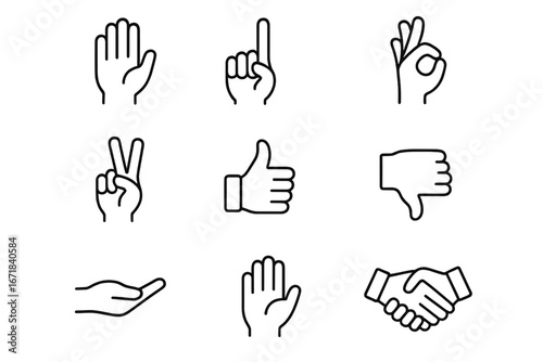 Hand gestures outline icon set. Communication signs collection. Like, dislike, ok, peace and stop symbols. Pointing finger, handshake and open palm. Vector interaction gestures.