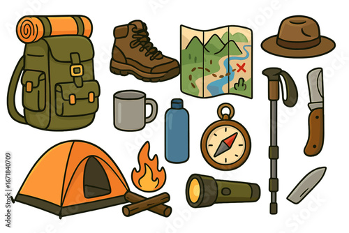 Hiking gear and camping equipment icon set. Outdoor adventure and exploration essentials. Vector cartoon illustration of backpack, tent, compass, map, boots for travel and survival.
