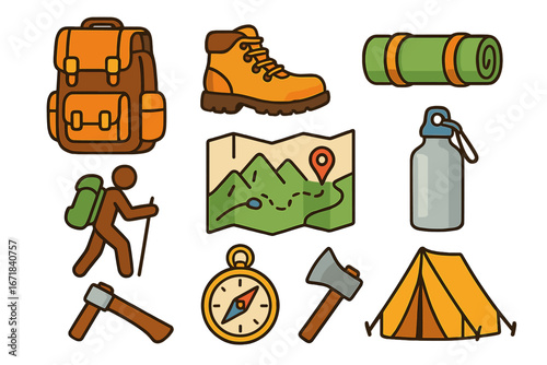 Hiking and camping icon set. Outdoor adventure and trekking gear. Vector collection with backpack, tent, boot, map, and compass for tourism, travel and exploration concepts.