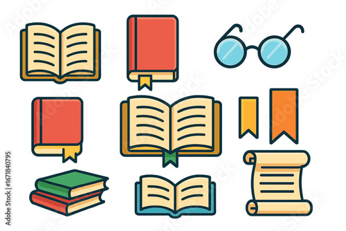 Reading and education icon set with books, glasses, and scrolls. Vector illustration for learning, library, literature, and knowledge. School and university symbol collection.