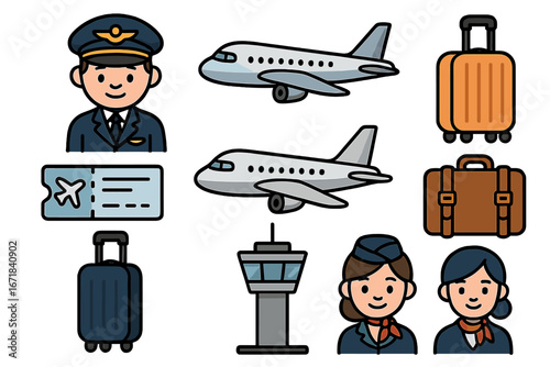 Travel and aviation icon set. Airline profession staff pilot, flight attendant. Airport transportation collection with airplane, luggage, control tower, ticket. Vector cartoon design.