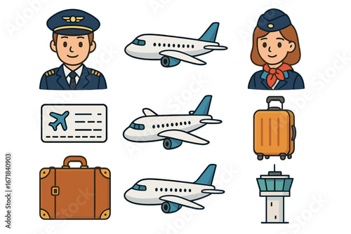 Aviation and travel icon set. Collection of cartoon vector illustrations including pilot, flight attendant, airplane, luggage, suitcase, boarding pass and airport control tower.