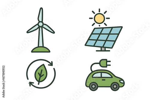 Set of renewable energy icons. Wind turbine, solar panel, electric car, and recycling symbol. Sustainable living and eco friendly concept. Green power vector illustration.