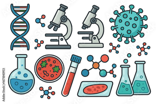 Science and biology research icon set. Vector cartoon illustration of laboratory equipment. DNA, microscope, virus, molecule, test tube, flask for medical analysis or experiment.
