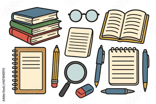 Vector collection of reading and writing tools for educational purposes. School supplies icon set with books, notebook, pen, pencil. Cartoon illustration for learning and study.